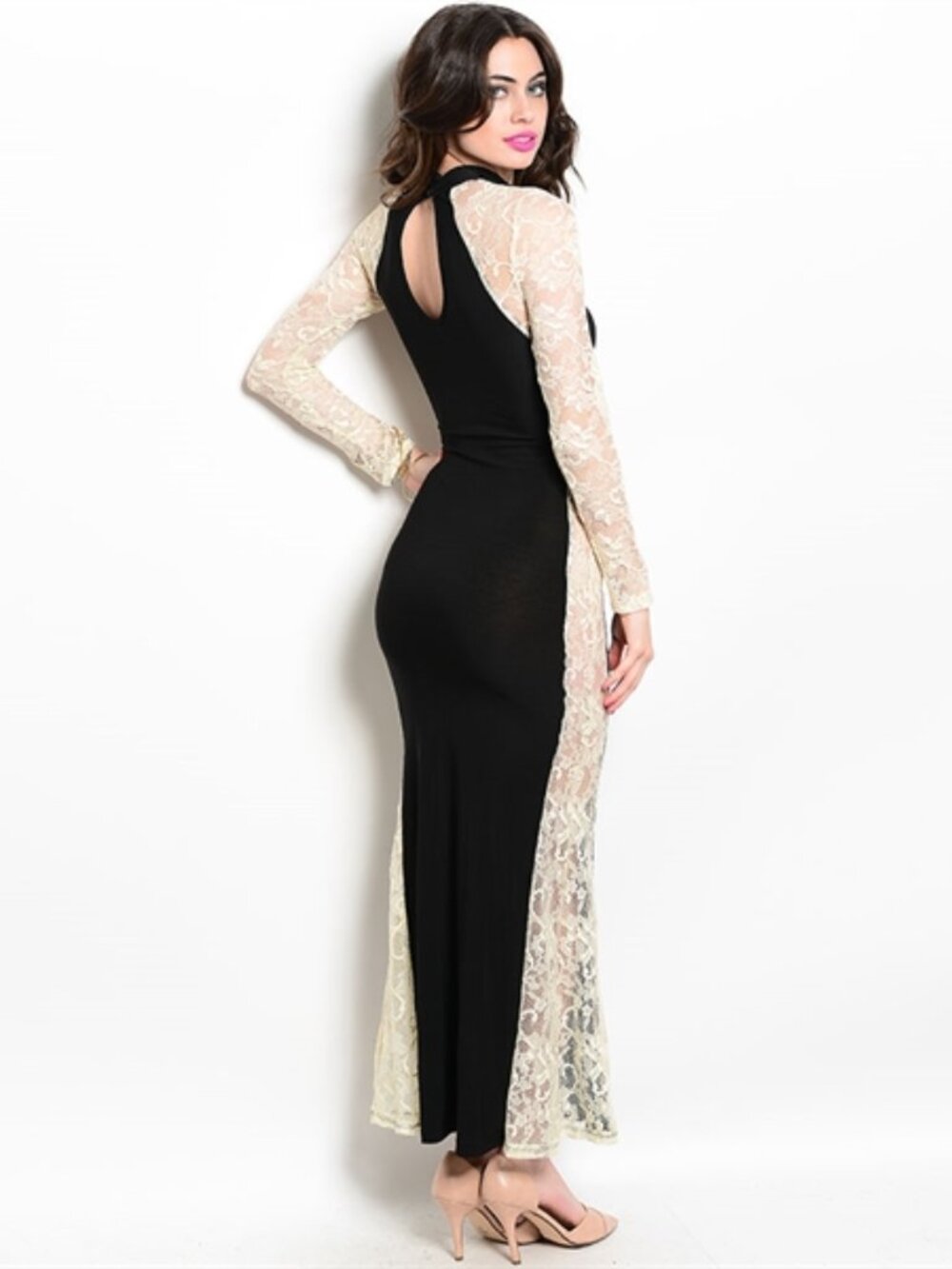 Sheer Lace Maxi Dress Floral Long Sleeve Cut-Out High-Neck, Black Beige - Picture 2 of 7